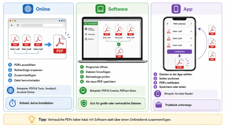 PDF kostenlos zusammenfügen: So geht’s online, mit Software & App