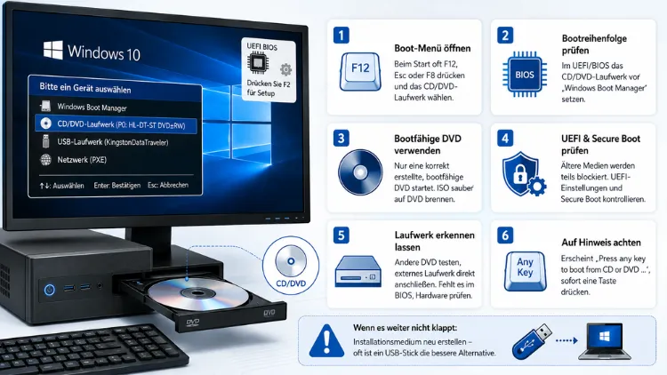 Windows 10 lässt sich nicht von CD/DVD booten – was tun?