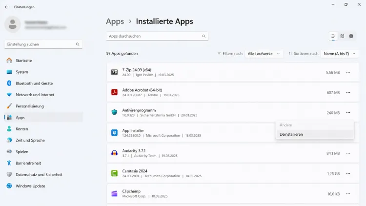 Windows 11 Einstellungen - Apps Übersicht