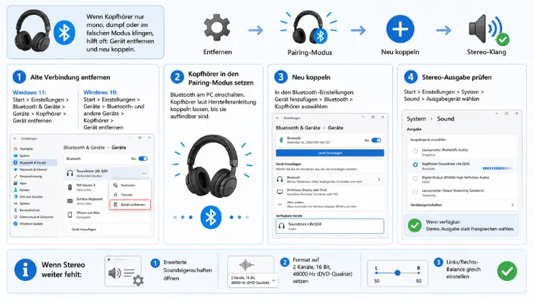 Erneutes Koppeln von Bluetooth-Kopfhörern für Stereo-Klang in Windows 11/10